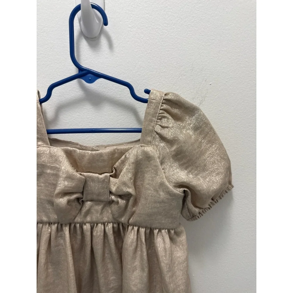 Baby Gap Toddler Girls Gold Metallic Shimmer Bow Puff Sleeve Dress Size 2 Years